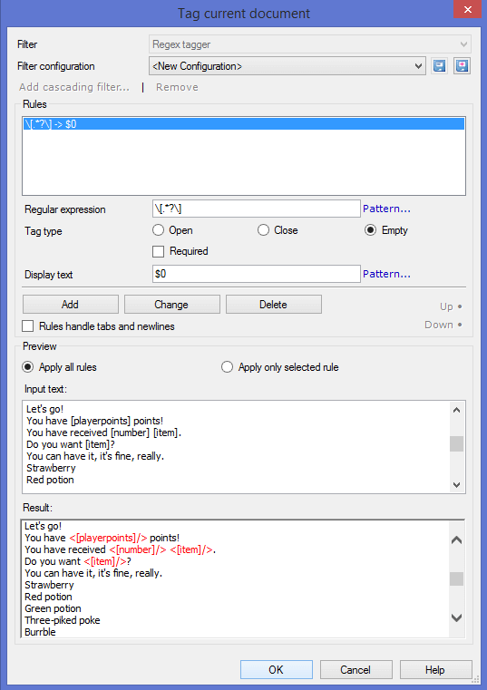 Screenshot of memoQ's Regex Tagger