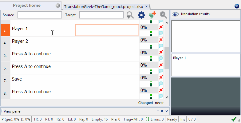 Translating a sentence in memoQ.